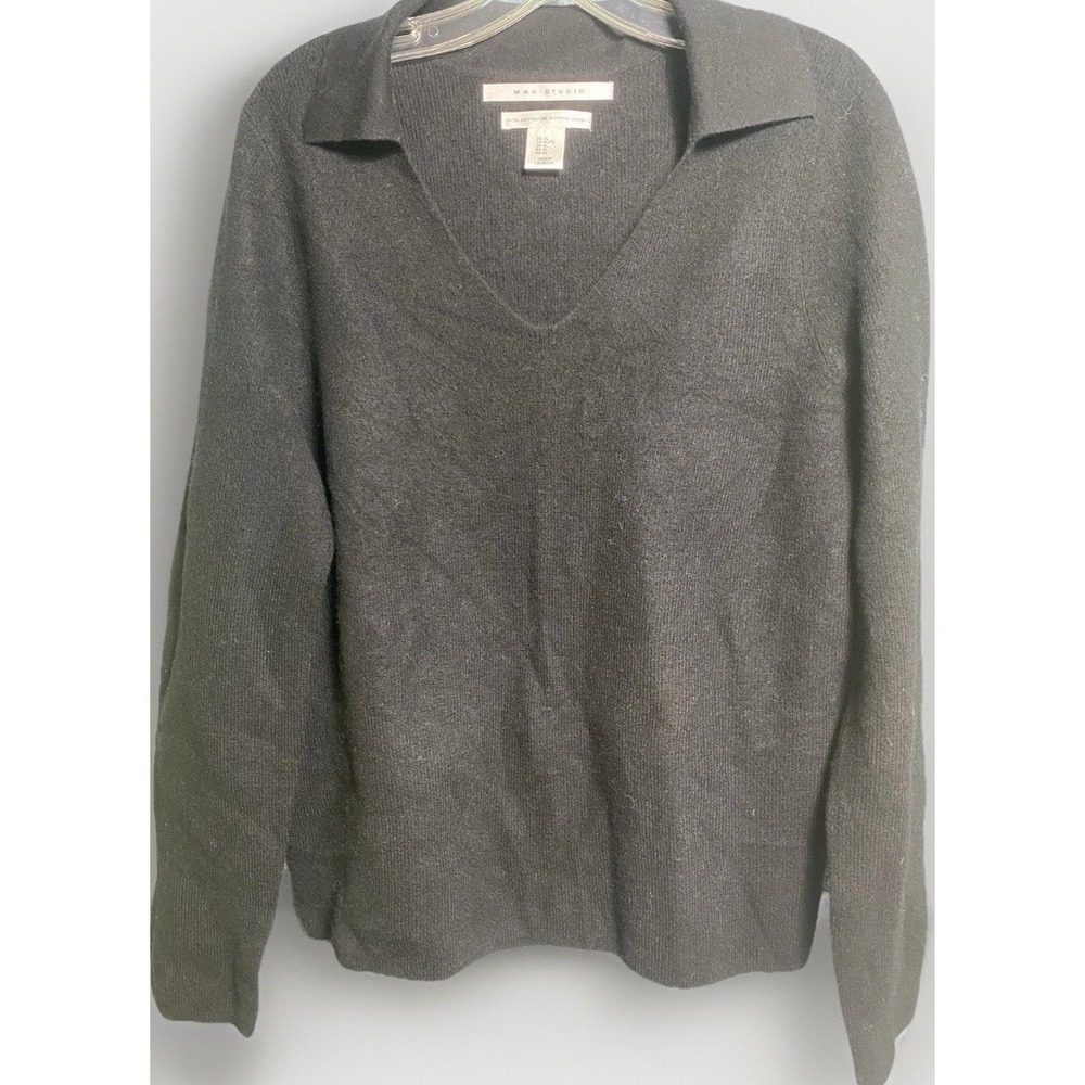 V-Neck‎ Pullover Max Studio Womens Long Sleeve Sweater Wool XL Black